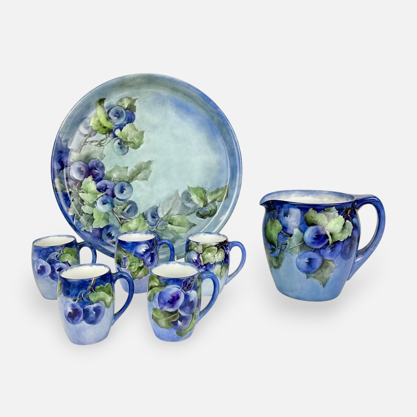 Antique French T&V Limoges Porcelain Lemonade Set w/Hand Painted Grapes and Leaves: Good age-appropriate condition. Free from any chips, cracks, or repairs. Tray measurements included in listing. Pitcher measures approx. H: 6". W: 7", D: 5". Cups measure approx. 3 1/4" high.