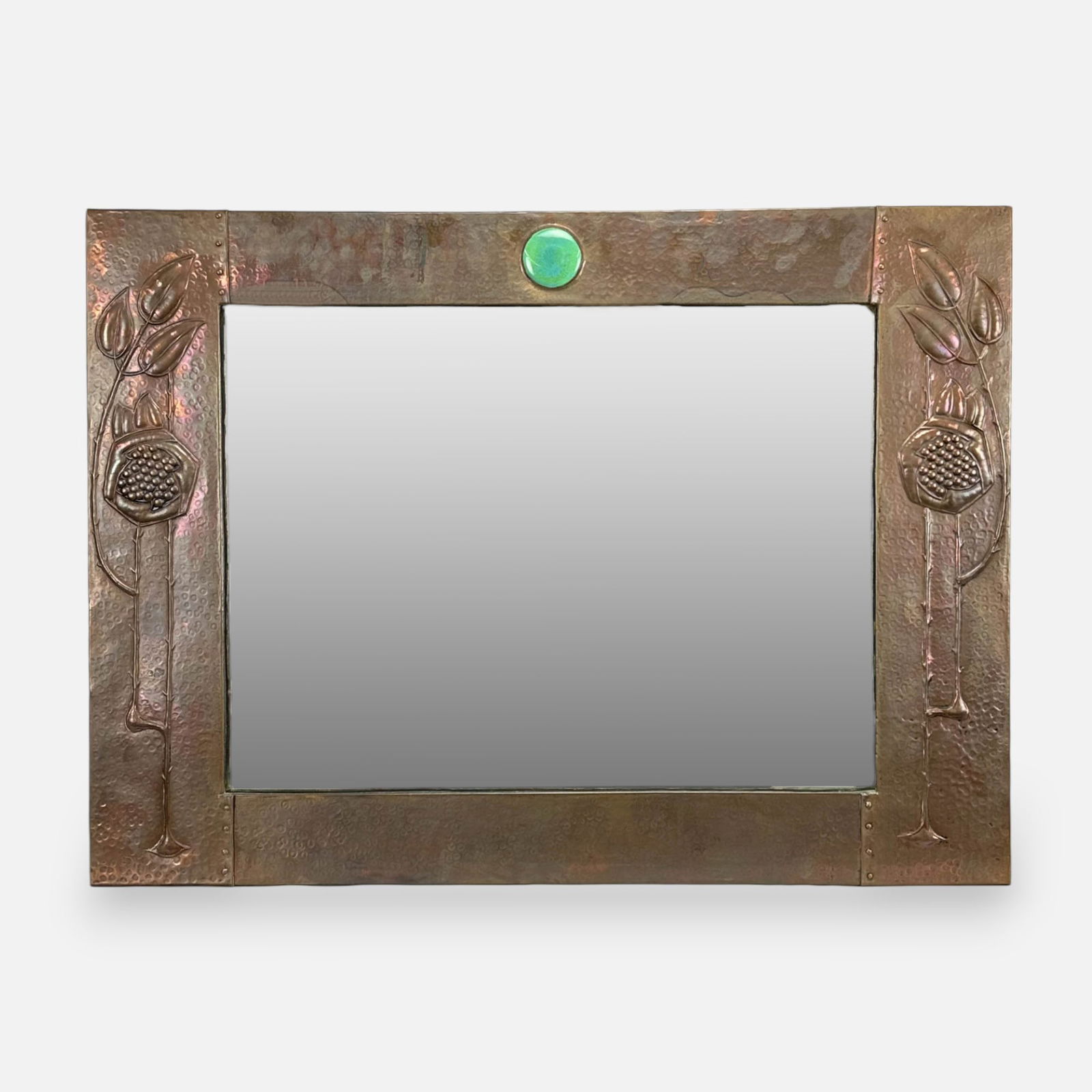 Glasgow School Arts & Crafts Hammered Repousse Copper Secessionist Wall Mirror: Ca. late 19th to first quarter 20thC. Very good age-appropriate condition, minor surface discoloration, needs cleaning. Approx. glass size 17" x 22 3/4".