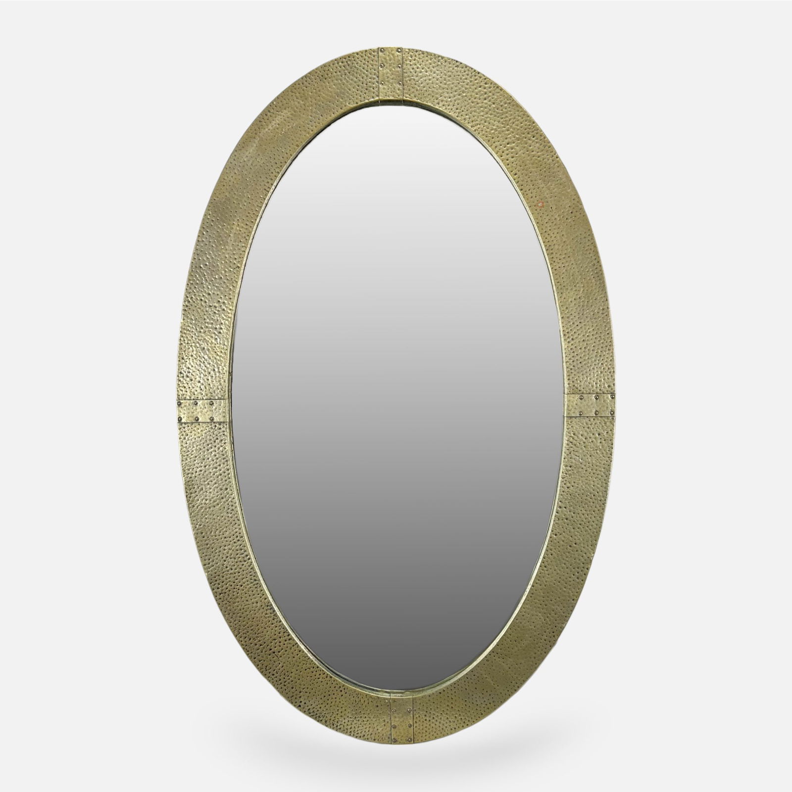 Antique Arts & Crafts Secessionist Glasgow School Hand Hammered Metal Oval Wall Mirror: Ca. late 19th to first decade 20thC. Very good age-appropriate condition with no cracks, breaks or repairs.