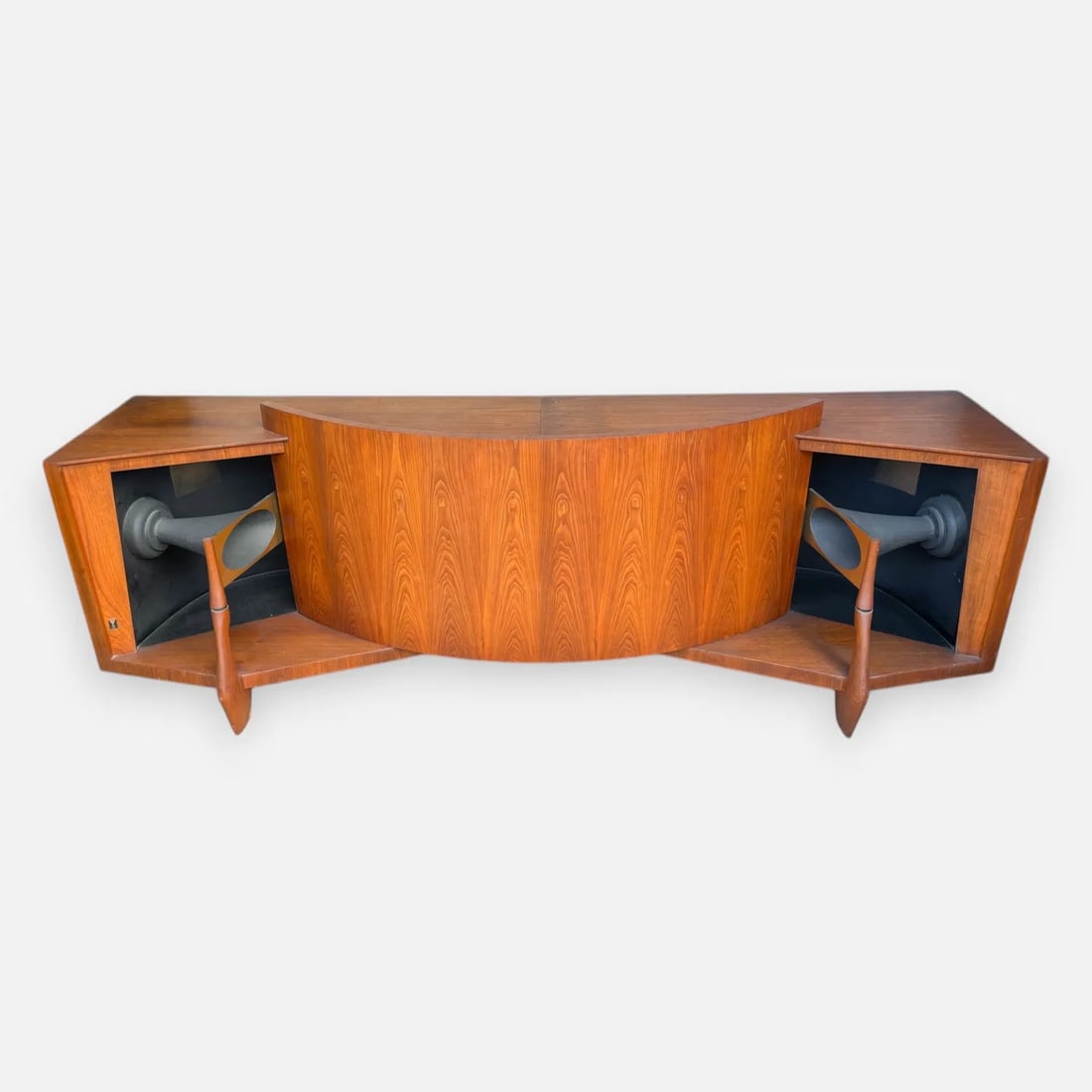 RARE JBL C44 Paragon Mid Century Modern Speaker Cabinet by Arnold Wolf and Richard Ranger: Ca. 20thC. Very good as shown with age-appropriate wear. Working condition. See wood chip to edge of surface. Currently being stored in two pieces.