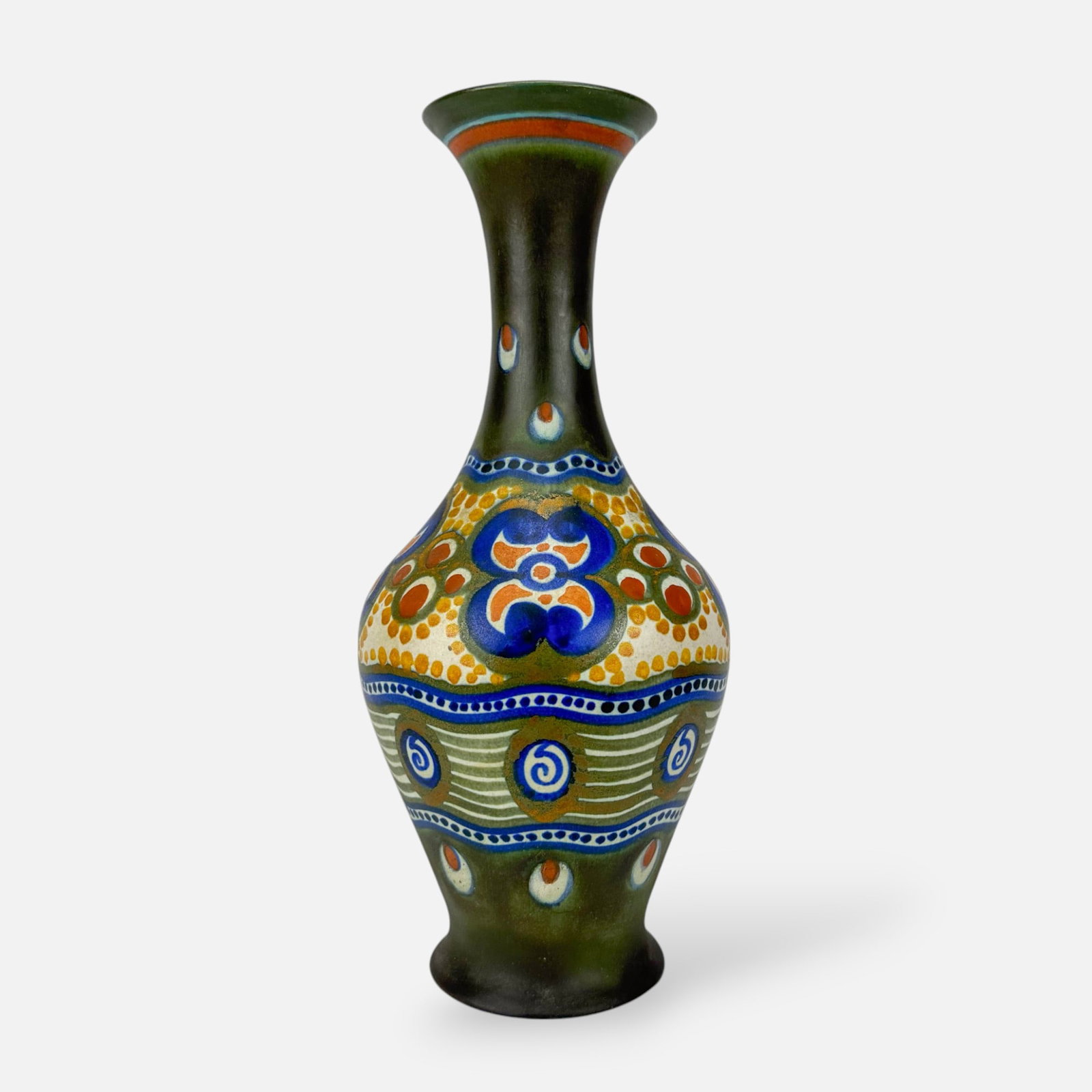 Gouda-Zuid Holland Art Pottery "Massa" Pattern Vase: Ca. early 20thC. Good as shown, with age-appropriate surface paint loss. Free from any chips, cracks, or repairs.