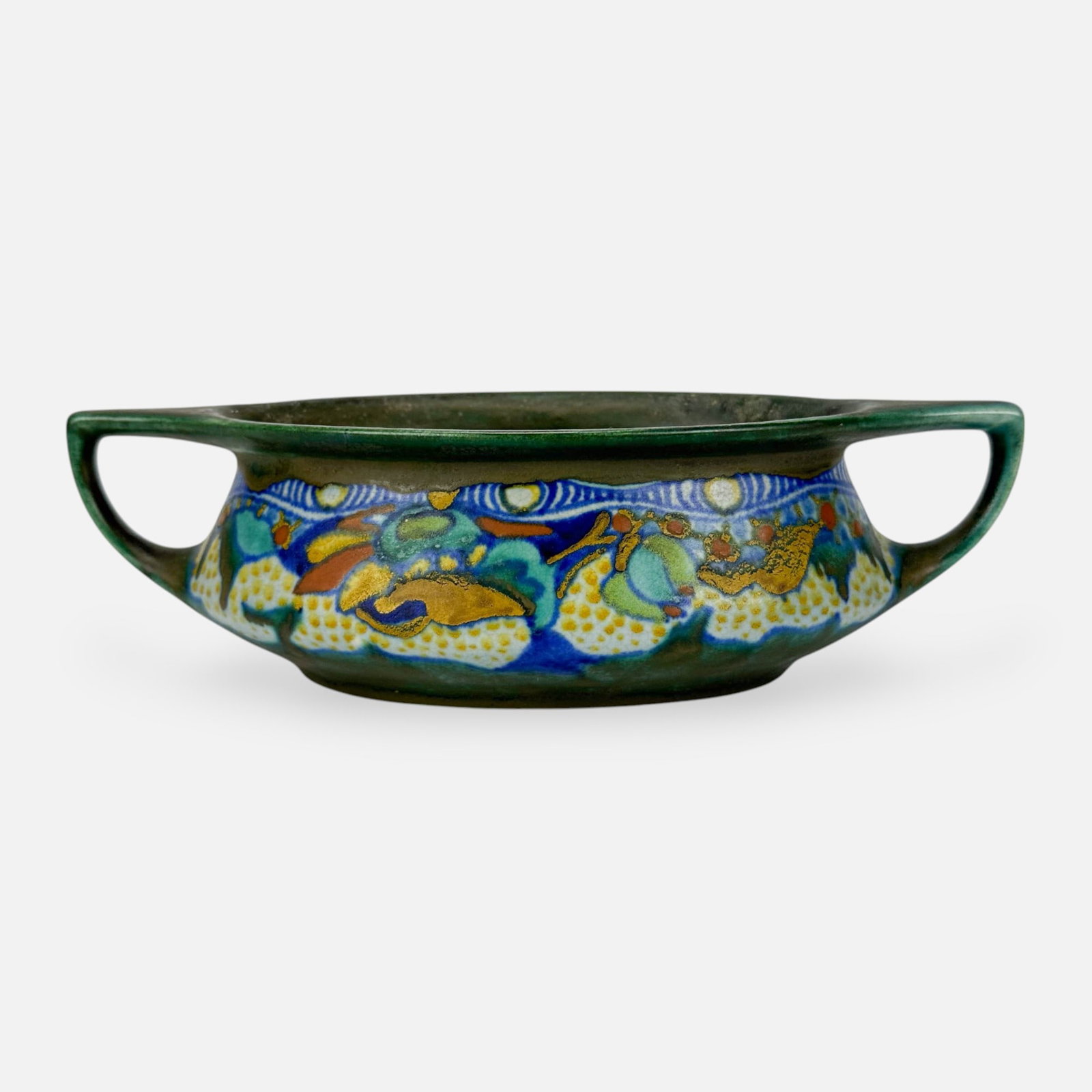 Gouda-Zuid Holland Art Pottery "Corona" Pattern Two-Handled Jardiniere: Ca. early 20thC. Good as shown, with age-appropriate surface paint loss, edge roughness/possible glaze rubs along rim (see photos). Free from any chips, cracks, or repairs.