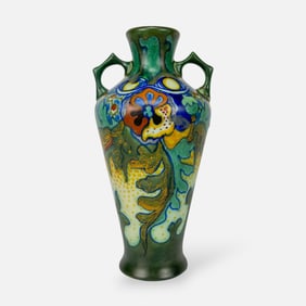 Gouda Zuid Holland Art Pottery "Corona" Pattern Two-Handled Urn Form Vase