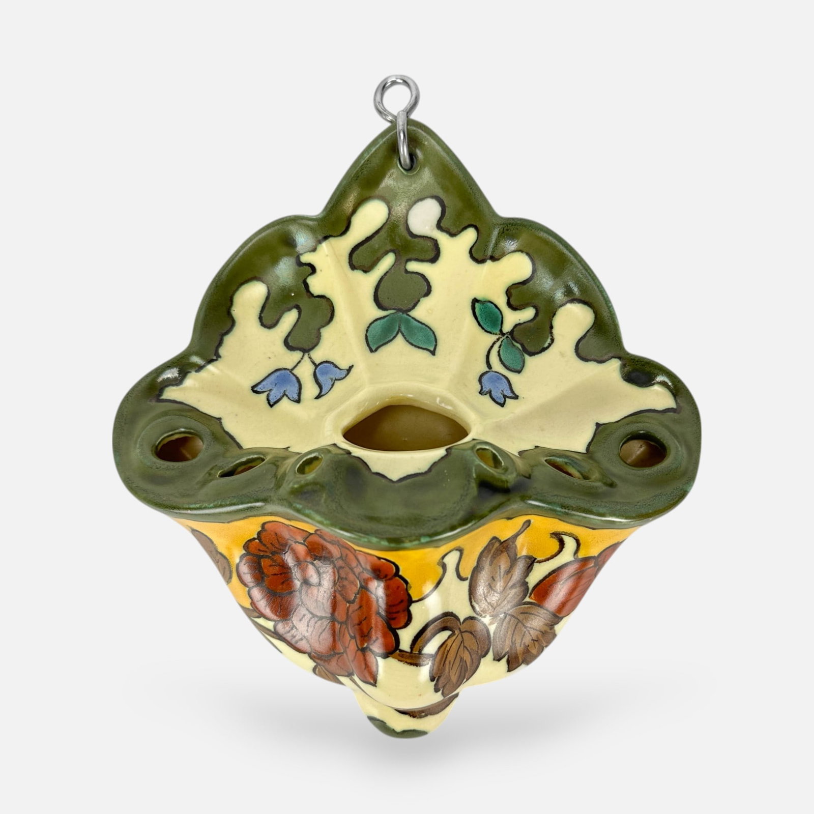 Scarce Gouda Zuid-Holland Dutch Art Pottery Wall Pocket Flower Vase: Good as shown, with shown minor crazing, no chips, cracks, or repairs. The metal hook through the hole is used to hang this on a wall.