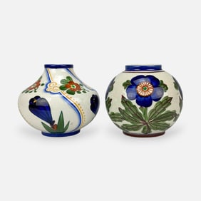 Two Antique Royal Copenhagen Aluminia Faience Art Pottery Danish Vases