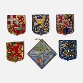 Six Heraldic Coat of Arms & Gouda Art Pottery Wall Hanging Plaques