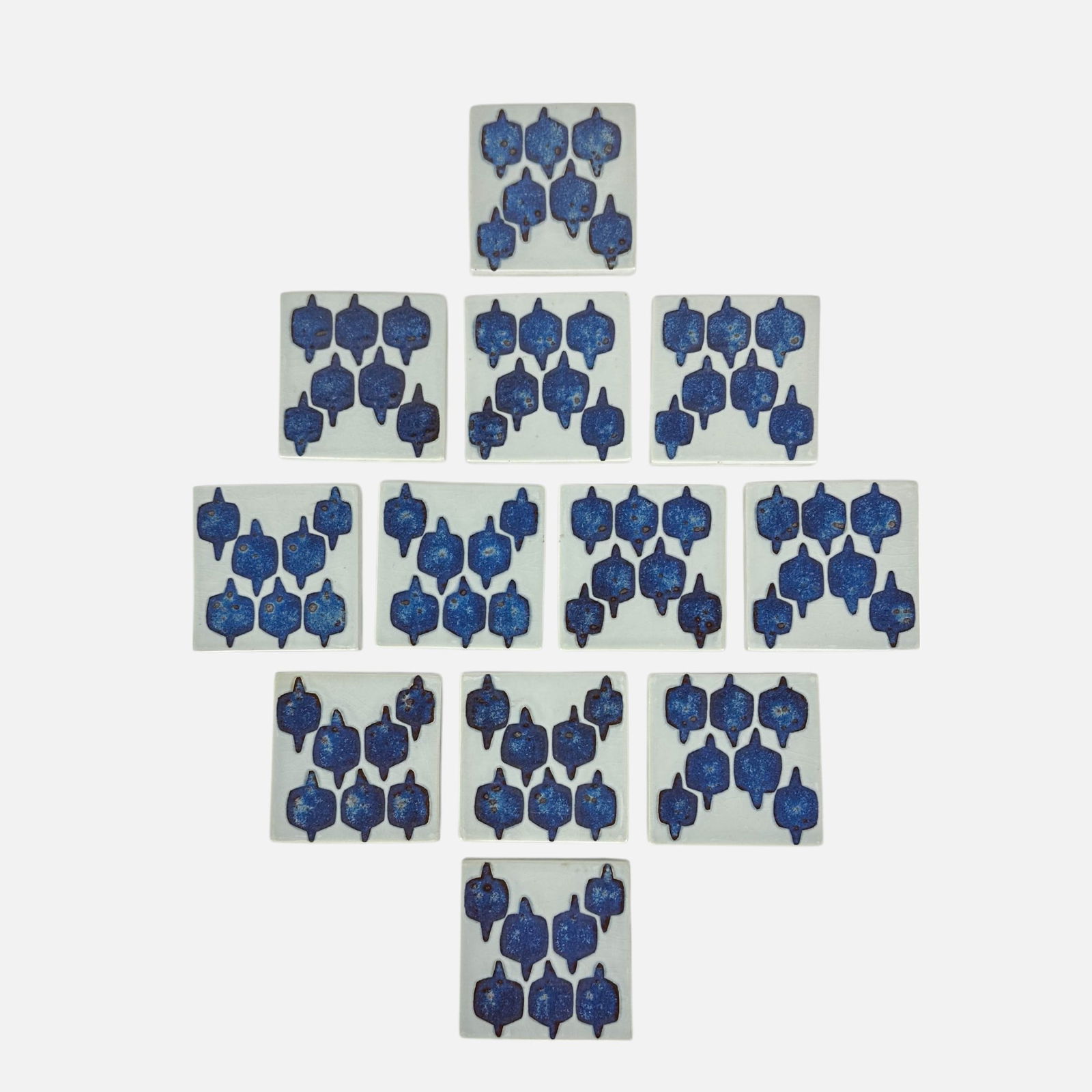 Ten Royal Copenhagen Aluminia Faience Danish Modern MCM Tiles: Each tile measures approx. 3" x 3". Very good as shown. Free from any chips, cracks, or repairs.