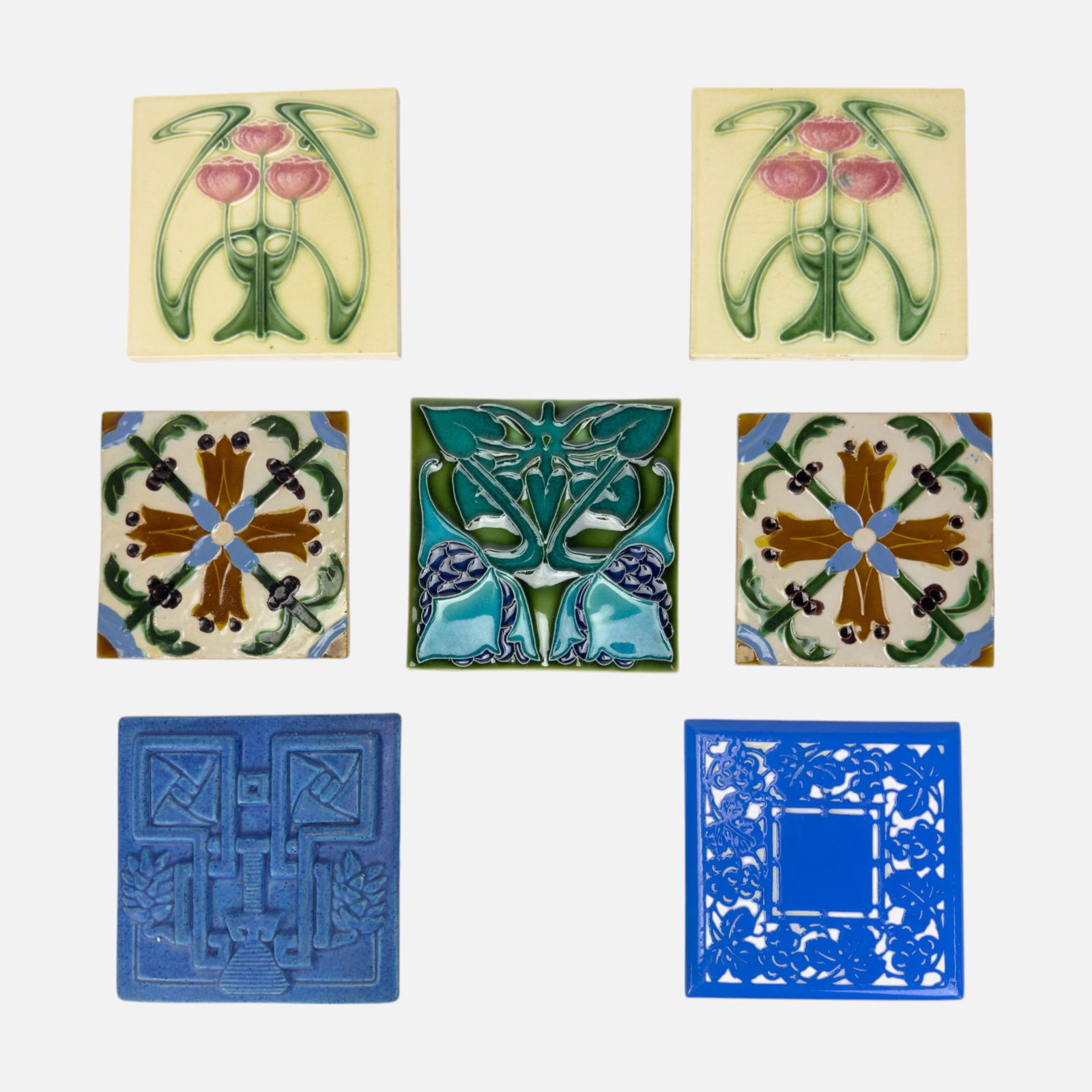 Seven Arts & Crafts Art Nouveau Tiles: T. R. Boote, Villeroy & Boch, and More: Tiles measure approx. 6" x 6". Good overall age-appropriate condition, with discoloration to some tiles, some tiles with crazing.