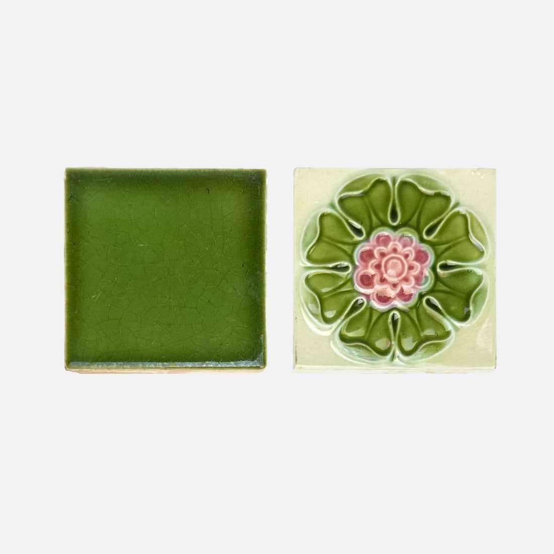 Sixteen Antique T. R. Boote & Alfred Meakin Arts & Crafts Art Nouveau Tiles: Tiles measure approx. 3" x 3". Very good, with shown crazing. Tiles, other than two shown in photos, remain in professional protective casing ready to be shipped. We removed the two for the auction ph