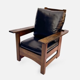 Antique Arts & Crafts Mission Oak and Leather Slant-Arm Morris Chair