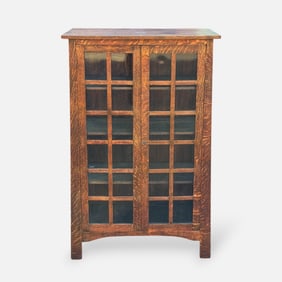 Antique Arts & Crafts Mission Oak Two-Door Display Cabinet