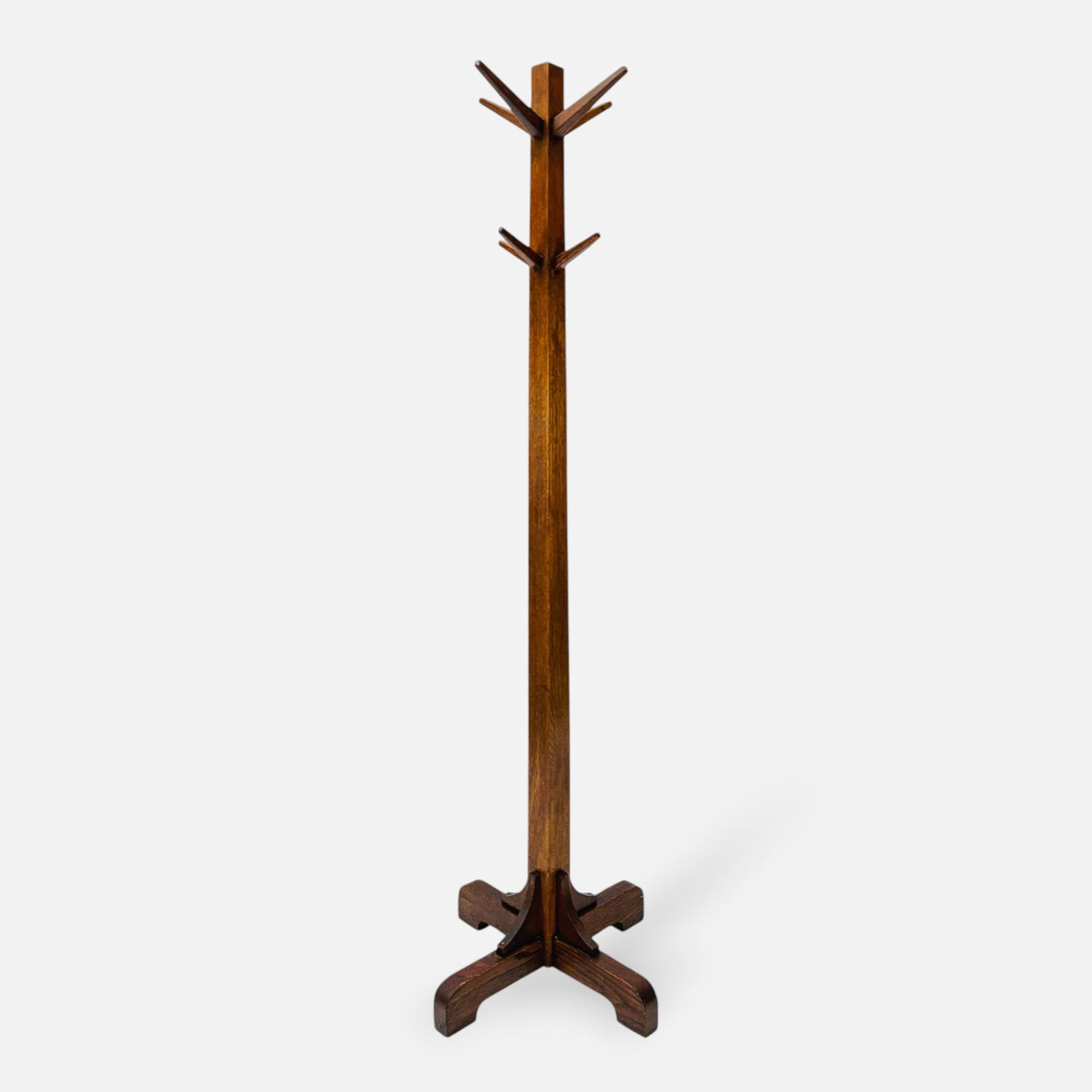 Arts & Crafts Mission Oak Coat Stand: Fair to good overall condition, with surface wear consistent with age and use. Please enlarge photos for a better idea of condition specifics.