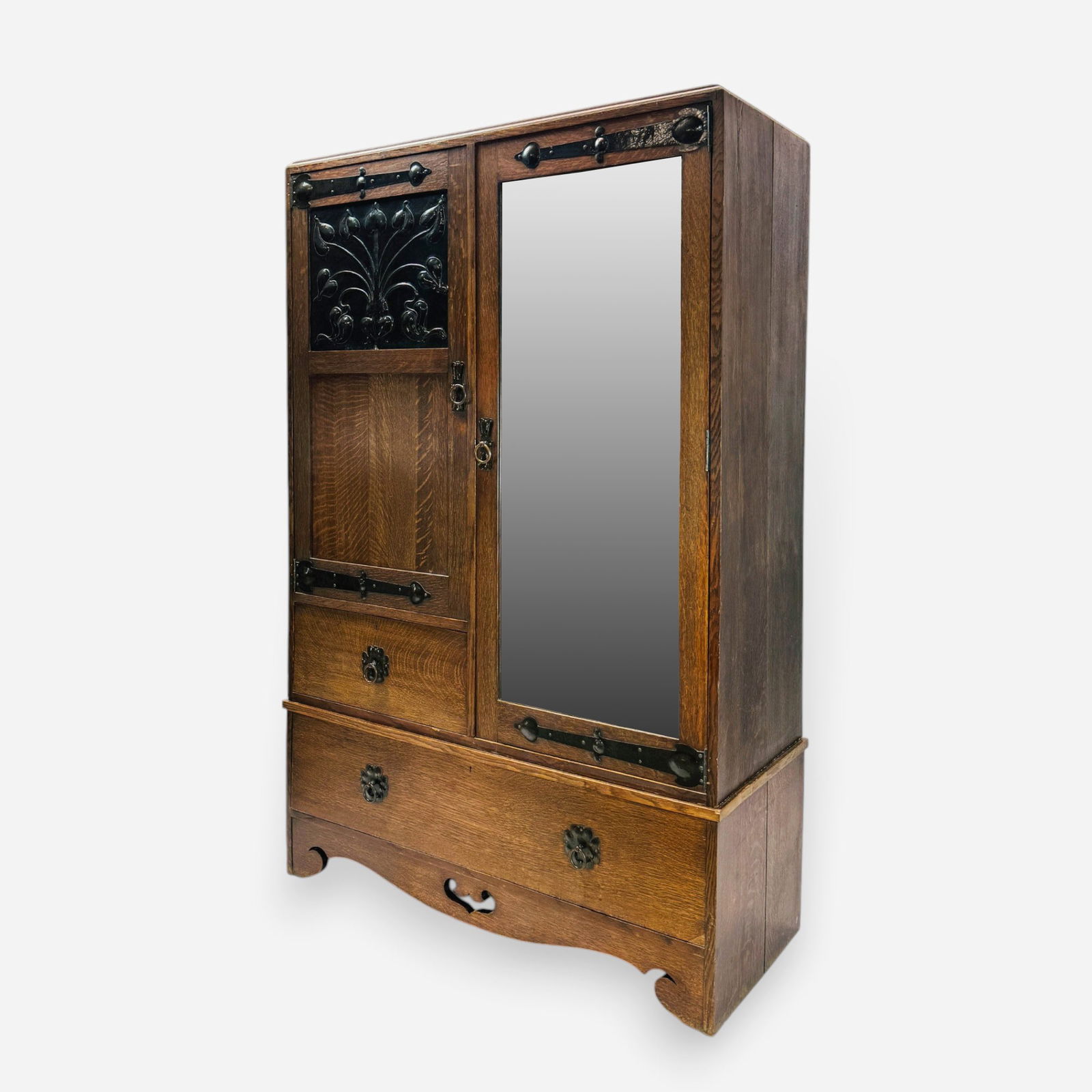 Liberty & Co Arts & Crafts Oak & Repousse Copper Double Wardrobe w/Strap Hinges: Ca. late 19th to first quarter 20thC. Good age-appropriate condition, with surface wear consistent with age and use. Corner edge roughness, minor veneer damage or loss. Side seam separation. Appears t