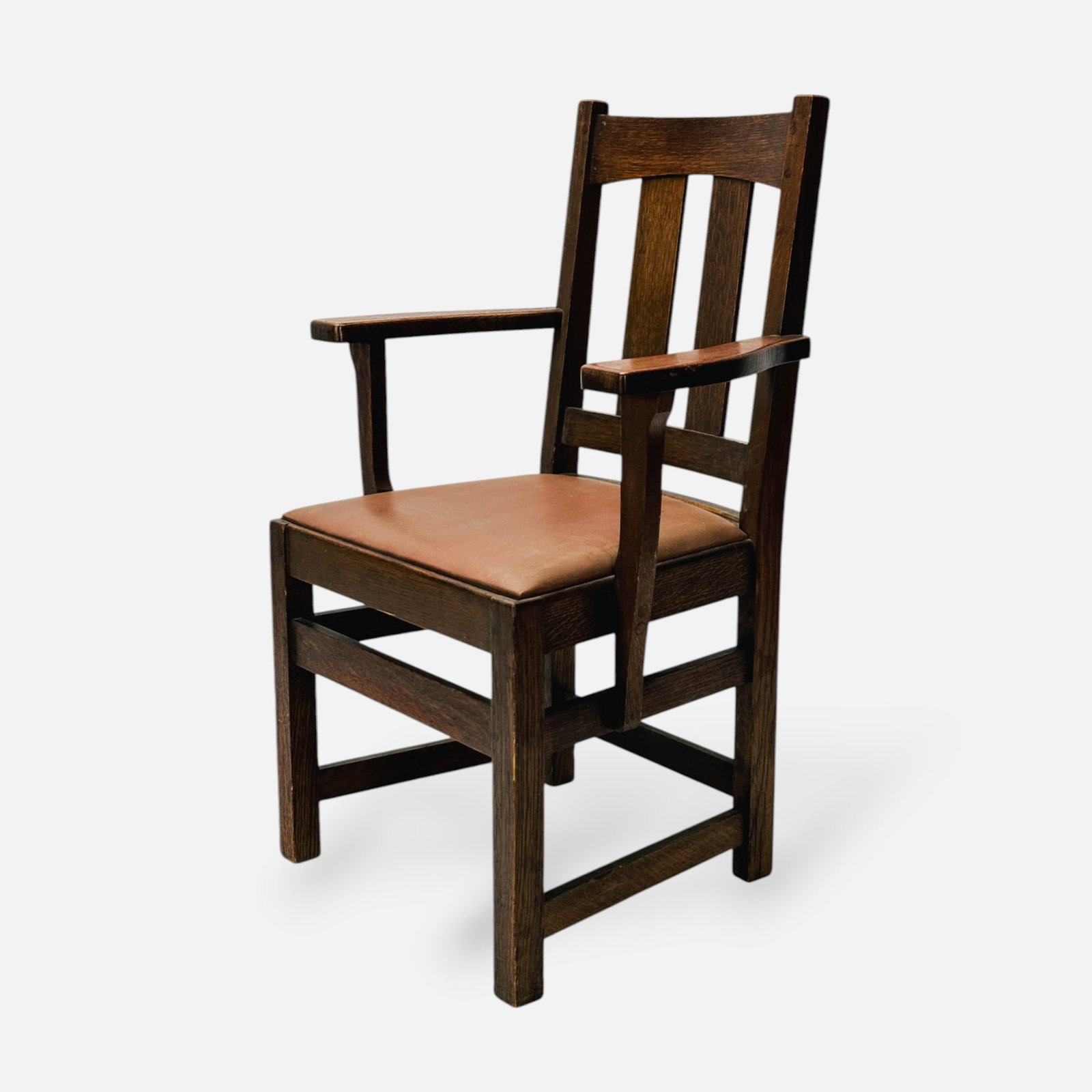 Limberts Arts & Crafts Mission Oak Armchair: Very good original condition, with age-appropriate wear to corners. Otherwise, fine with original finish. No breaks or repairs. Brand under arm. Approx. seat H: 17 3/4", W: 18", D: 15".