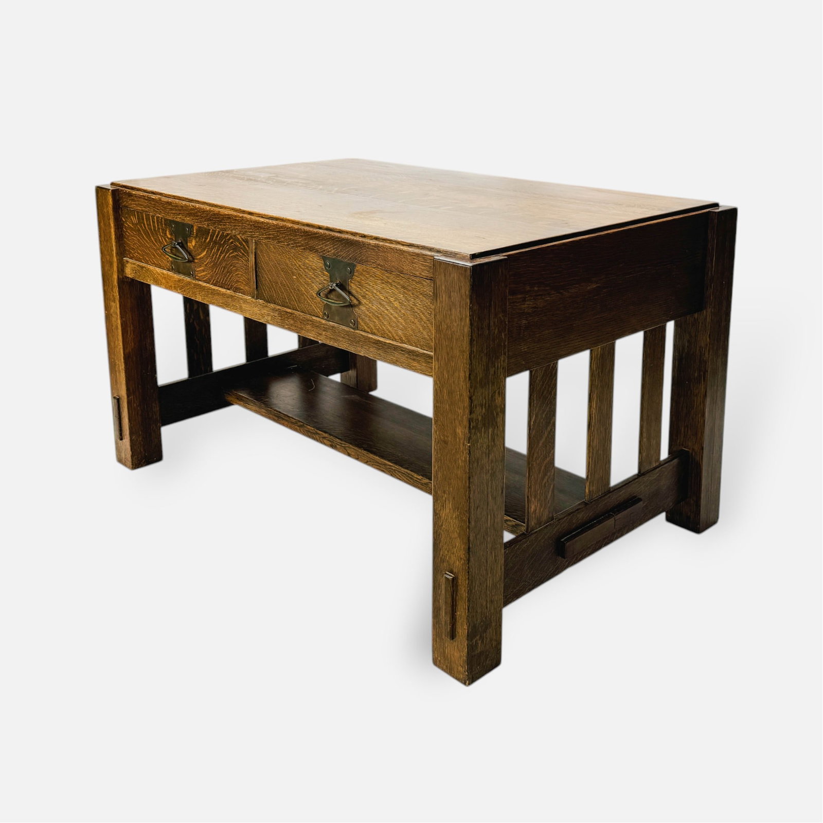 Arts & Crafts Mission Oak Two-Drawer Library Desk: Ca. early 20thC. Good overall condition, with age-appropriate wear, scuffs/dings, and discoloration.
