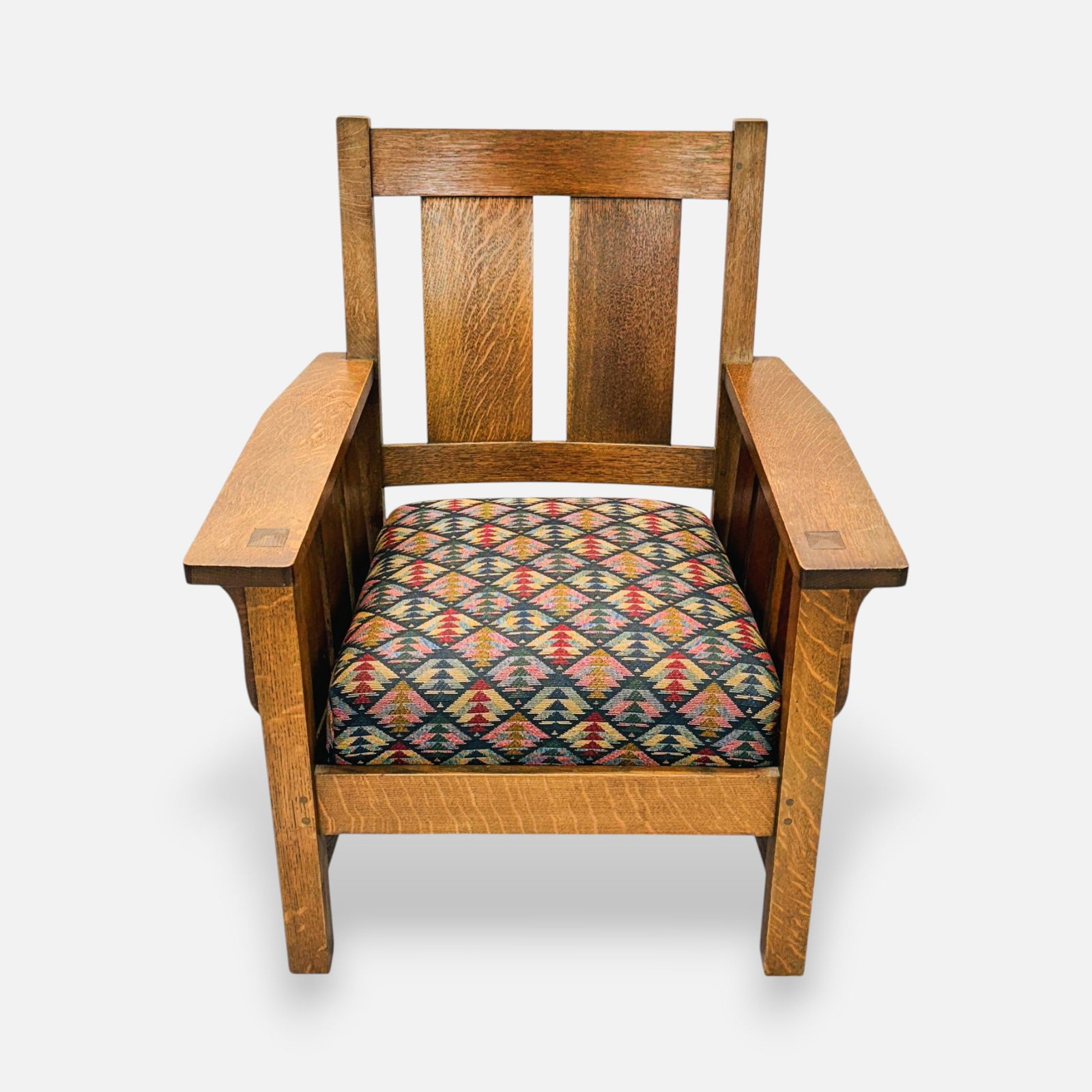Lifetime Arts & Crafts Mission Oak Lounge Arm Chair: Good overall condition, with age-appropriate wear, scuffs, scratches, and discoloration. See photo of original Lifetime sticker.