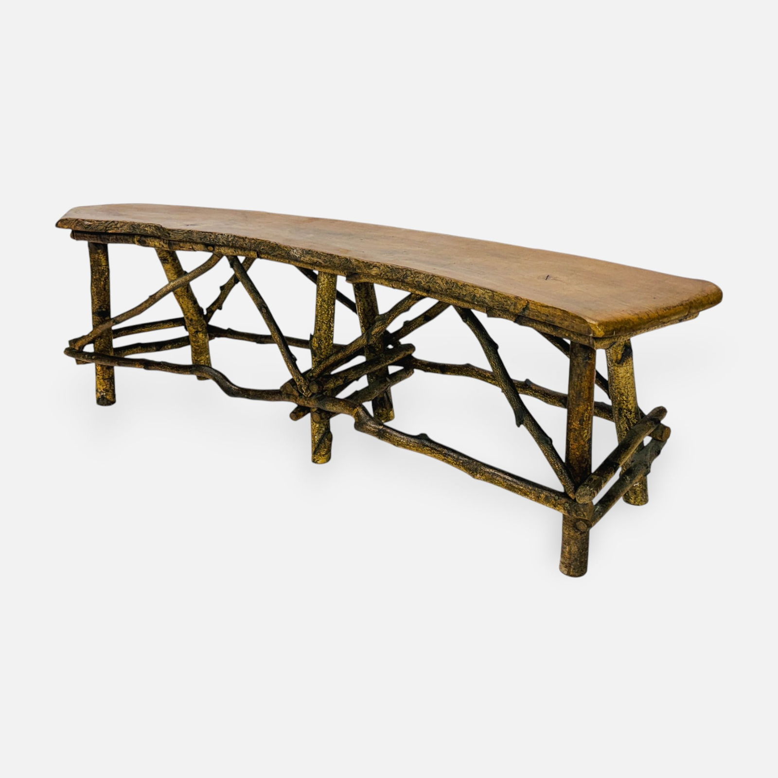 Adirondack Style Rustic Live Edge Twig Branch Bench Low Console Table: Good overall condition, please enlarge photos for a better idea of condition specifics.