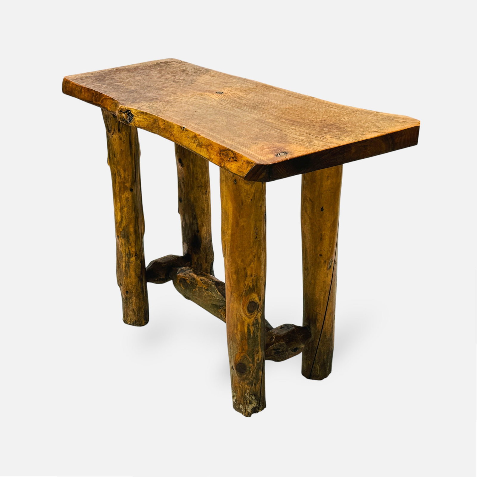 Rustic Live Edge Side Table: Fair to good overall condition. Discoloration and scratches to surface. Somewhat wobbly. One foot with shown wood splintering.