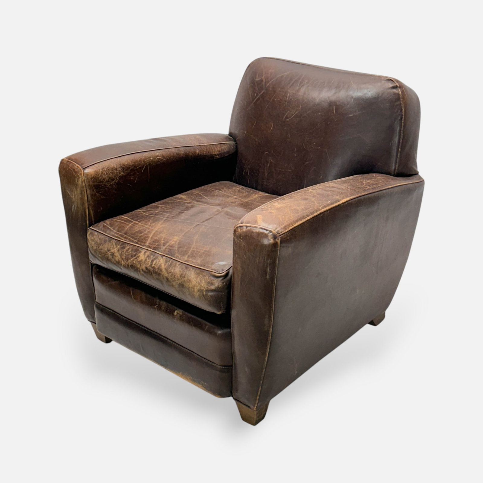 Vintage Mid 20thC French Brown Leather Overstuffed Club Chair: Ca. second half 20thC. Very good with no rips, holes or repairs. Shows the expected, age-appropriate leather wear, or "patina" if you are an interior decorator.