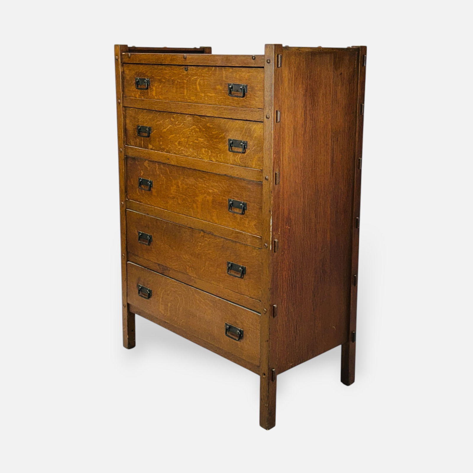 Come-Packt Furniture Company Arts & Crafts Mission Oak Five-Drawer Highboy Dresser: Ca. first quarter 20thC. Missing the mirror, with age-appropriate wear commensurate with age, unsigned.