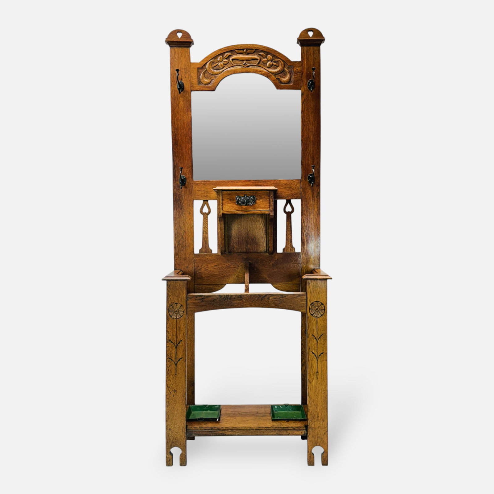 Antique English Arts & Crafts Mission Carved Oak Hall Tree Stand w/Trays: Ca. late 19th to early 20thC. Good overall condition, with age-appropriate wear, seam separation, discoloration, scuffs, and scratches. See mirror flaking.