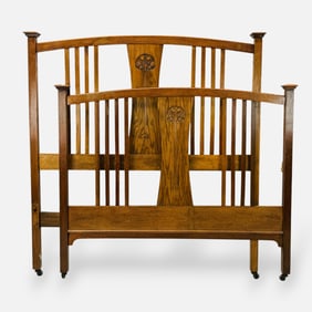 Liberty & Co Arts & Crafts English Oak Carved Wood Full Headboard & Footboard