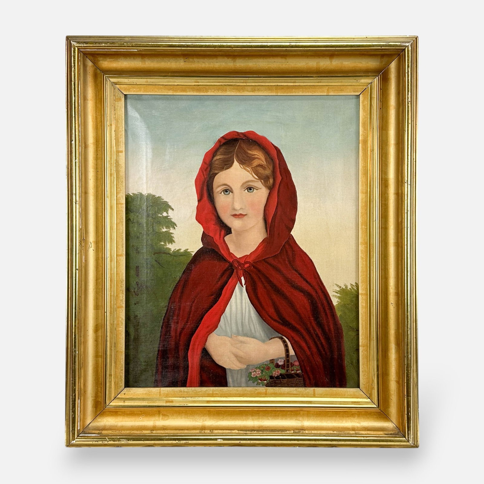 Antique 19thC Primitive Folk Art Oil on Canvas Framed Painting Little Red Riding Hood: Ca. last half 19thC. Very good age-appropriate condition with no rips, holes or repairs. There is a slight indent on canvas, left of the figure. Approx. stretcher size 21" x 17".