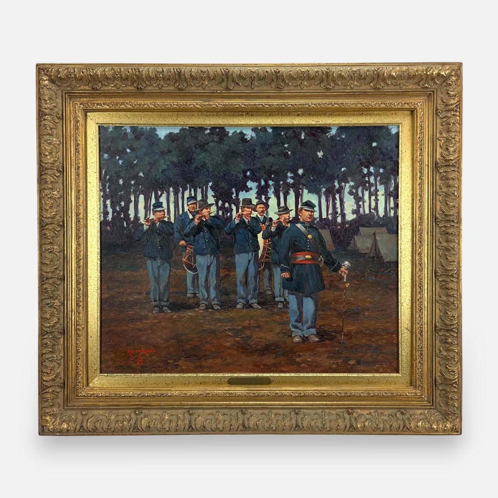 Keith Rocco "Fifes and Drums" Civil War Oil on Canvas Framed Military Historical Painting: Good as shown with no holes, rips or repairs. See craquelure to blue painted areas such as soldiers and trees. From a non-smoking home. Signed and dated 1994 in red, lower left. Approx. stretcher size