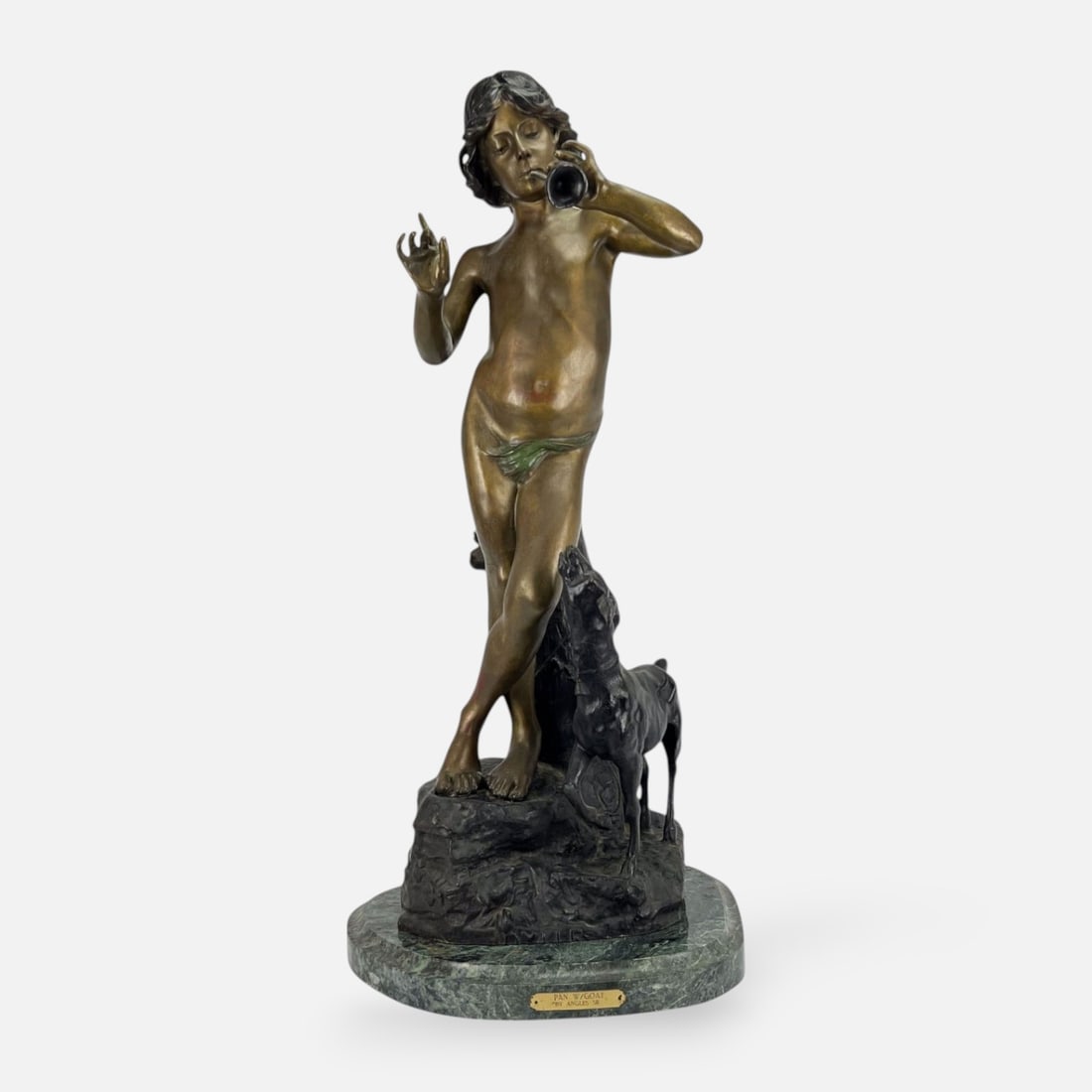 Massive Joaquim Angles Cane "Pan With Goat" Bronze Sculpture w/Green Marble Base: Ca. 19thC. Base and bronze are currently separate. The signed bronze measures approx. 34 1/2" x 11" x 10 1/2". One of the two horns has separated, as shown. Base measures approx. 16 1/4" x 17".
