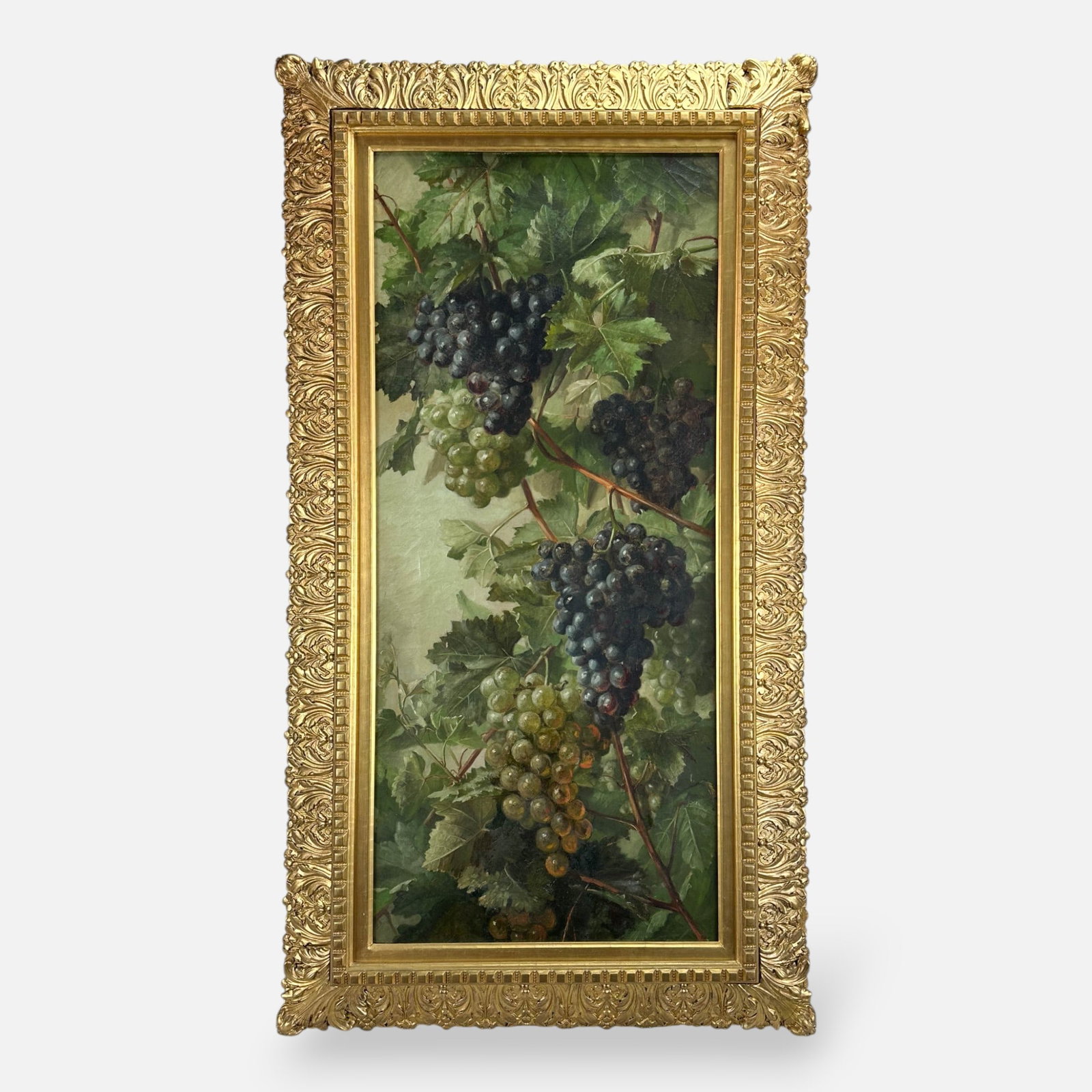 Edward Leavitt Grapevine Still Life Oil on Canvas Framed Antique 19thC Painting: Ca. last quarter 19thC. Good age-appropriate condition, with crazing, minor paint loss and repairs. One repair can be seen middle at the bottom quarter (see photo 3 and photo of reverse). Frame has be