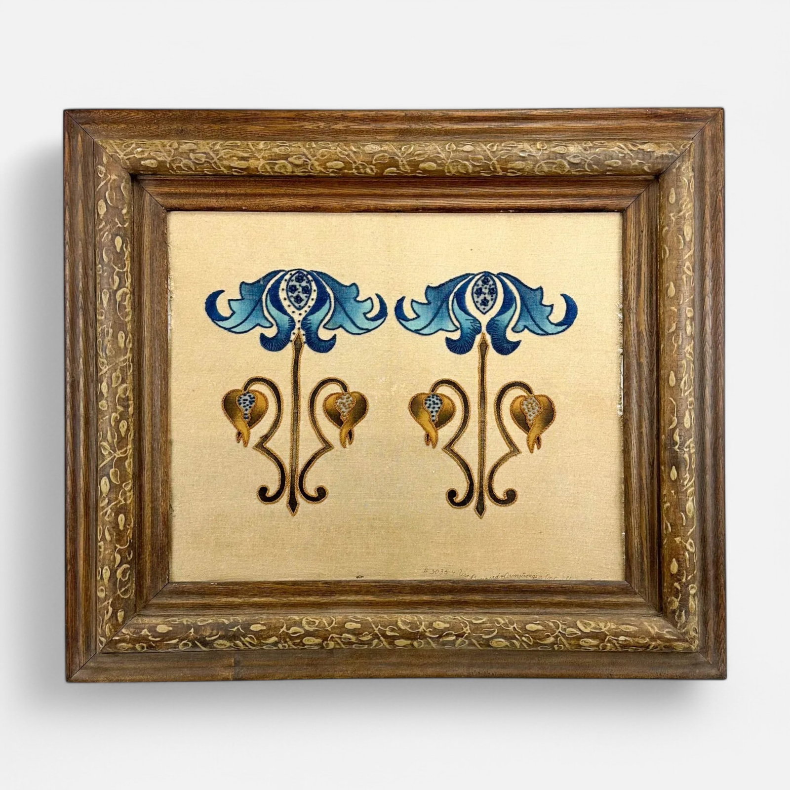 Framed Antique Art Nouveau Arts & Crafts Embroidered Textile Panel: Ca. late 19th to first quarter 20thC. Good overall age-appropriate condition, with a few minor spots of discoloration, embroidery very good. Sides of textile need to be re-stapled or attached to frame