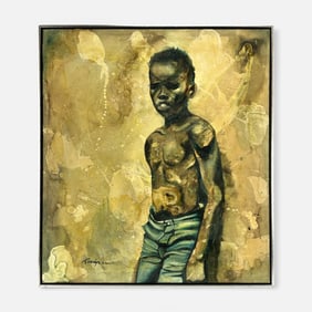 Artist Signed Black Boy Impasto Acrylic on Canvas Framed Portrait Painting