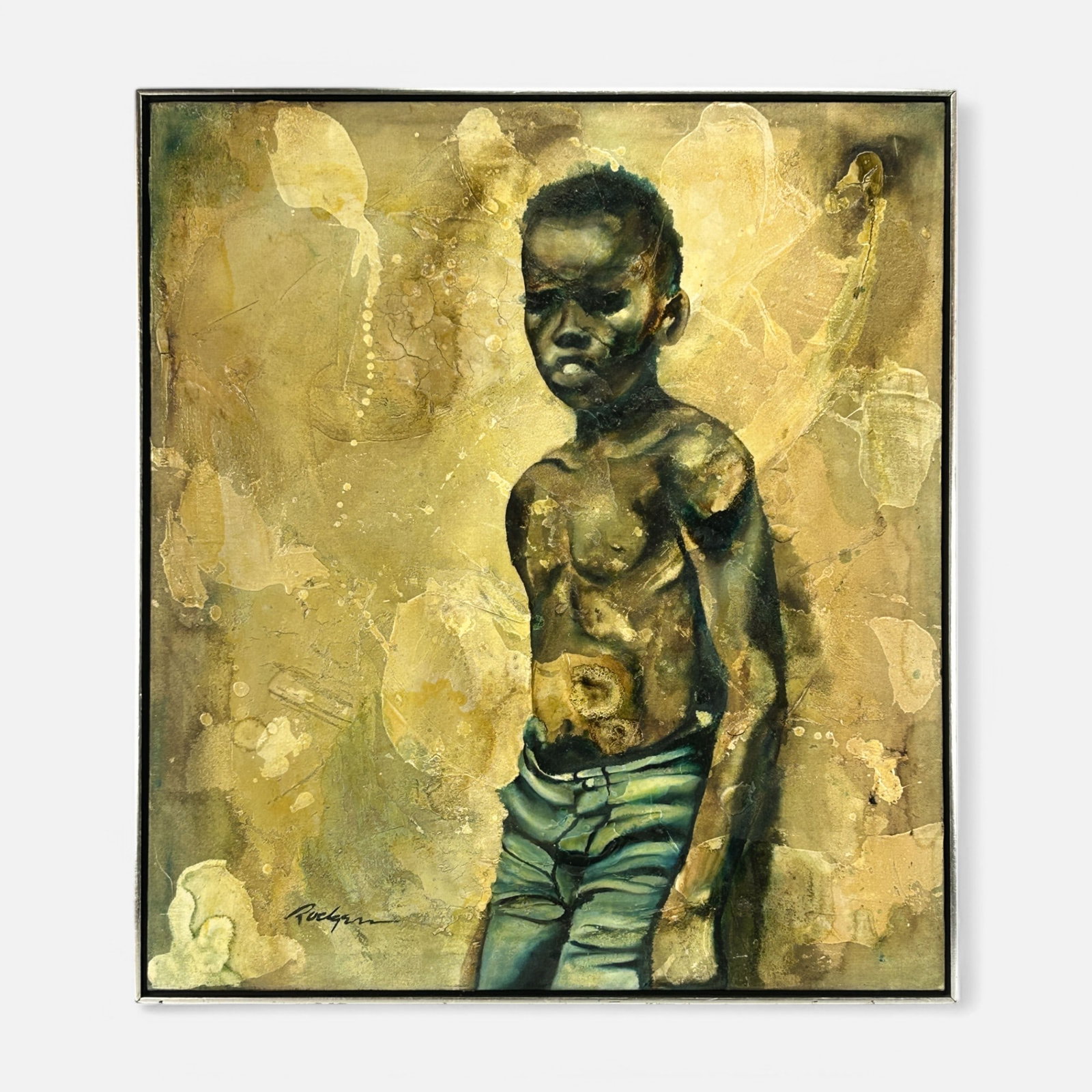 Artist Signed Black Boy Impasto Acrylic on Canvas Framed Portrait Painting: Ca. last half 20thC. Signed somewhat indistinctly lower left as shown. Float-mounted. Stretcher measures approx. 38" x 34".