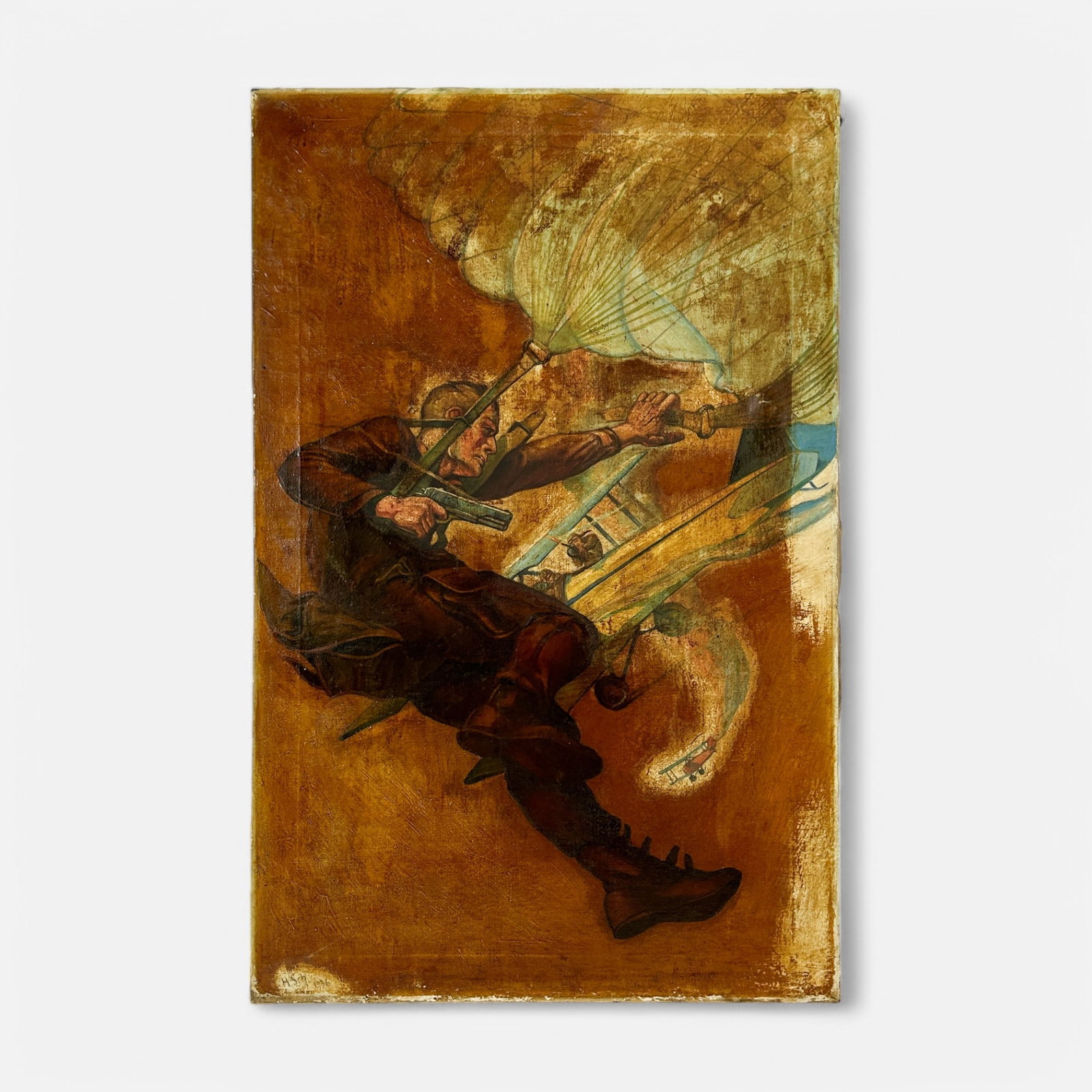 Illustration Pulp Art 1936 Oil on Canvas Military Painting of Downed WWI Fighter Pilot w/Biplanes: Ca. first half 20thC. This painting needs heavy cleaning, as you can see looking at the areas that were spot cleaned. No rips or repairs, however, within the top third, on the right side, three tiny h