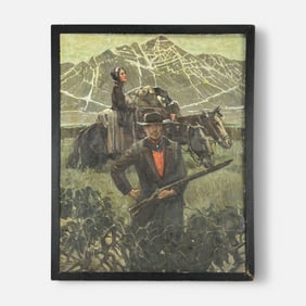 Illustration Art Oil on Board Painting Western Landscape Art Mormon Settlers
