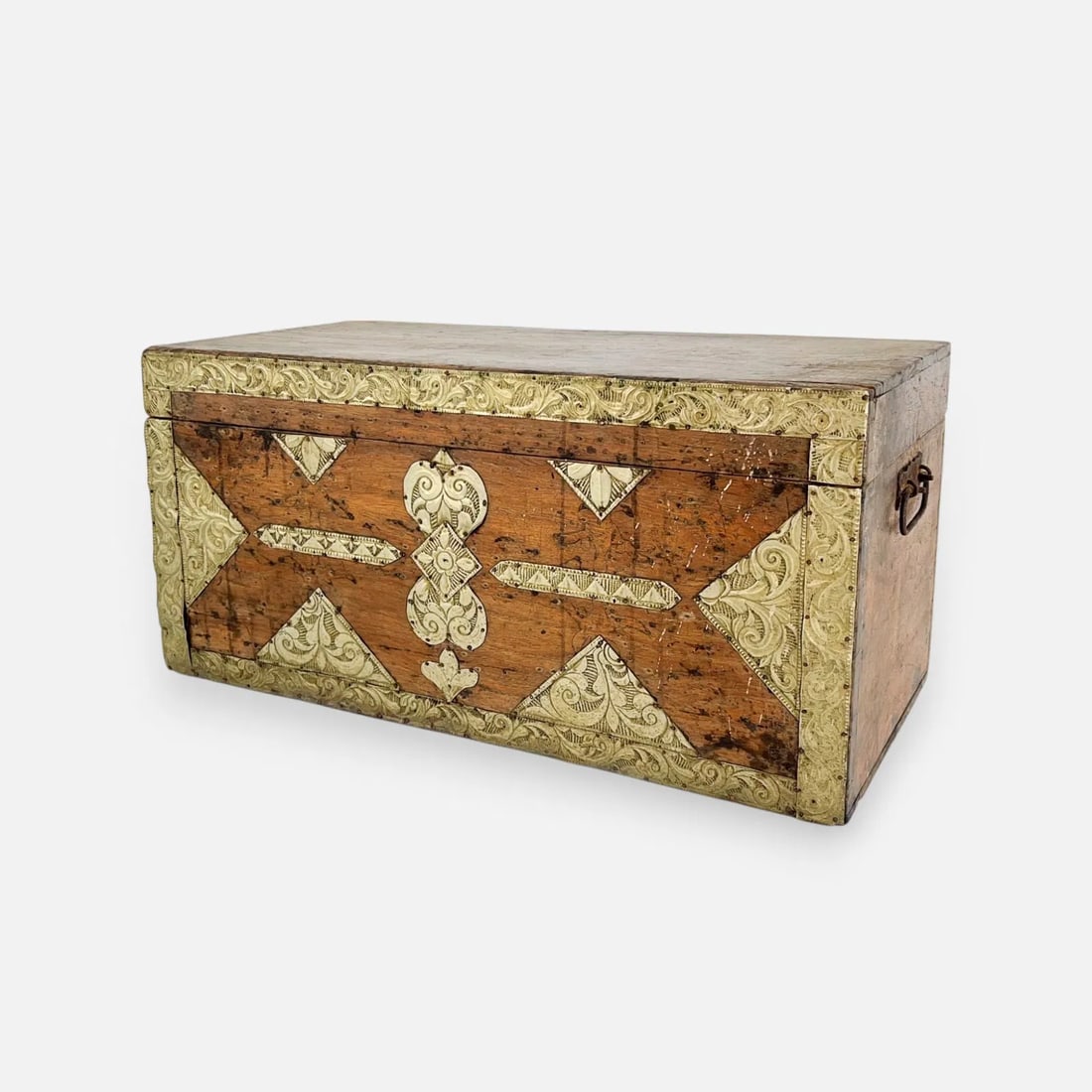 Antique 19thC Mahogany Trunk w/Engraved Metal Overlay: Fair to good overall, with age-appropriate wear; surface discoloration, oxidization, age-crack to lid.