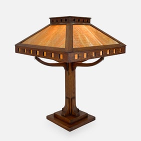 Craig T. Regan Arts & Crafts Mission Oak Stained Slag Glass Table Lamp