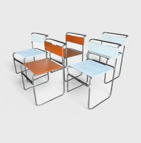 Five Giovani Carini for Planula Mid Century Modern Leather and Tubular Chrome Steel Bauhaus Chairs