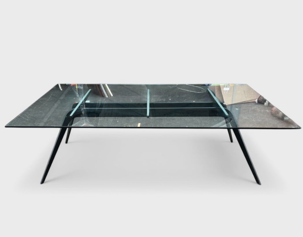 Todd Bracher for Fritz Hansen Contemporary High End Modernist Aluminum & Glass Dining Table: Ca. early 21stC. Todd Bracher for Fritz Hansen Modernist Aluminum and Glass Dining Table. Sticker on base as shown. Good condition as shown in photos. Dimensions: Height: 29.25", Width: 78.75", Depth: