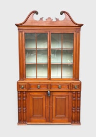 Antique Chippendale Style Stained Pine Broken Pediment Stepback Two-Piece Cupboard