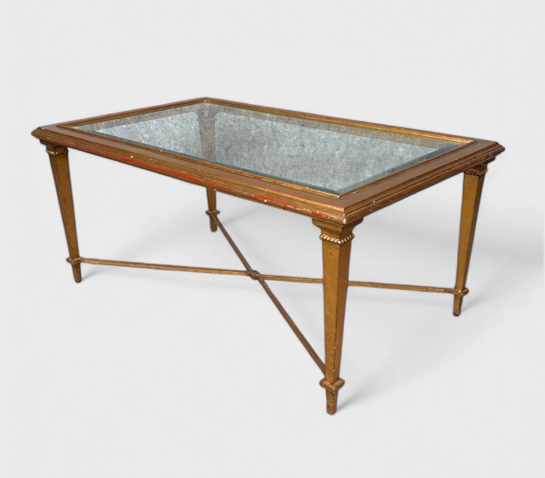 Hickory Chair Neoclassical Style Gilt Painted Metal Bristol Cocktail Table: Ca. mid 20thC. Fair overall with intentional? gilt paint loss, glass free from any bites. We believe this "Bristol Cocktail Table" to have been manufactured by Hickory Chair. Unmarked.