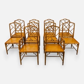 Set of Ten Chinese Chippendale Style Faux Bamboo Carved Wood Dining Chairs