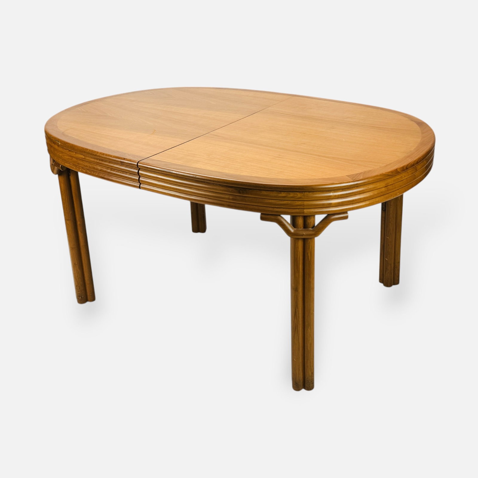 Chippendale Style Faux Rattan Carved Wood Extending Dining Table w/Two Leaves: Ca. second half 20thC. No missing components, no breaks or repairs. Retains original finish and patina, with occasional surface scuffs. Rings to tabletop. Leaves measure approx. 19 1/2". Measurements 