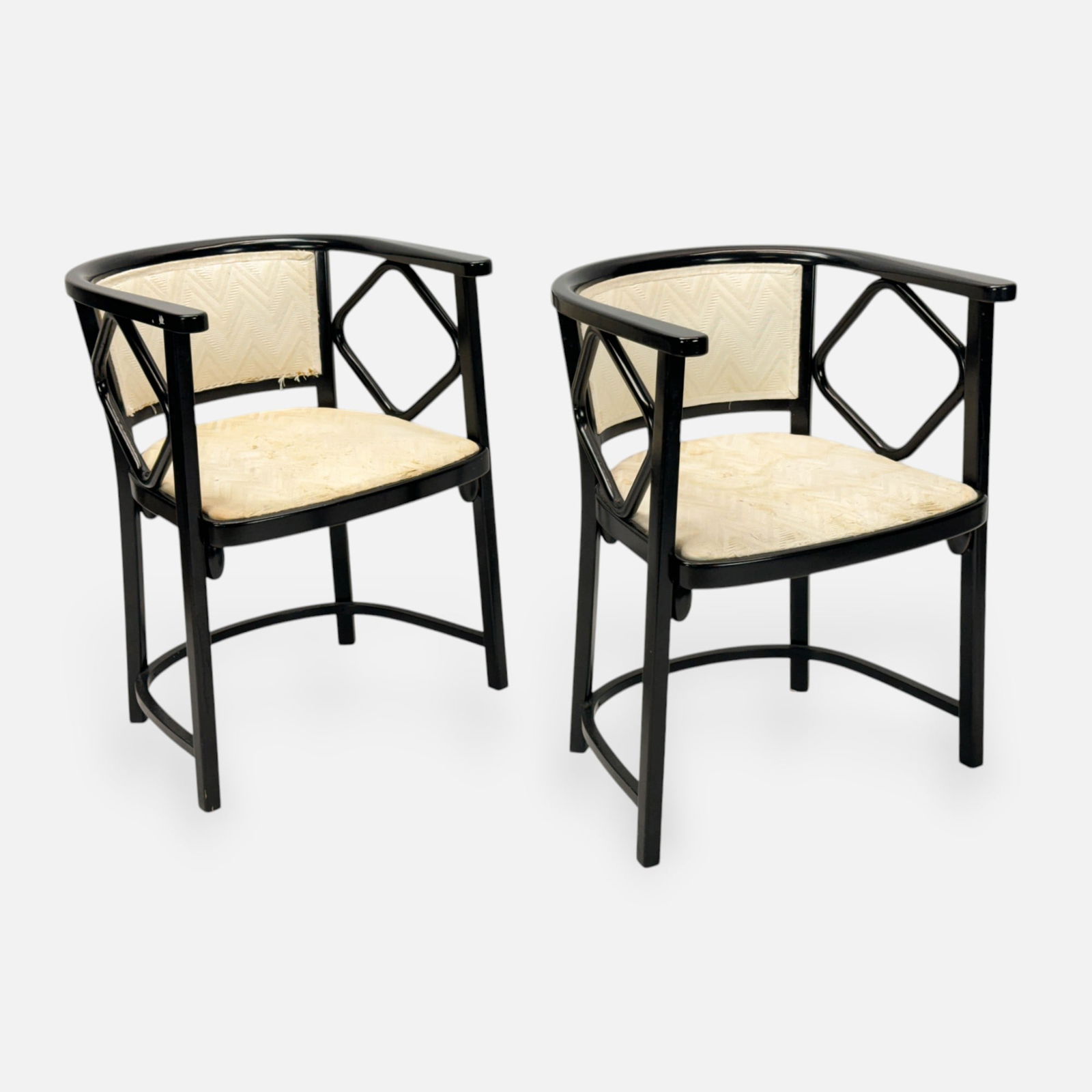 Pair Josef Hoffmann Fledermaus Caberet Kammerer Black Lacquer Chairs by Thonet: Ca. second half 20thC. Approx. seat height 17 1/2". Good age-appropriate condition, with minor scuffs and scratches to the lacquer, shown wear to seat upholstery.