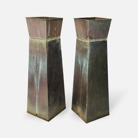 Pair Large and Wide Square Outdoor Two-Piece Sheet Copper Porch Columns w/Planter Tops