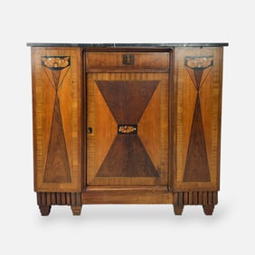 Antique 1920s French Art Deco Marquetry Cabinet w/Marble Top