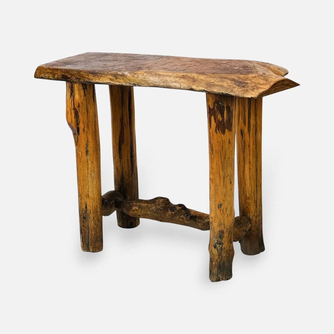 Rustic Live Edge Side Table Stand: Very good condition as shown in photos. Age-cracks to wood, minor age-appropriate wear such as surface scuffs and discoloration.