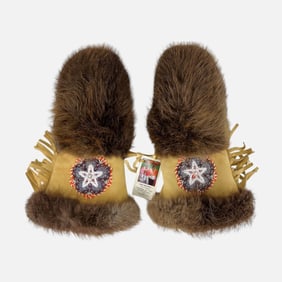 Native American Inuit Beaded Beaver Fur and Hide Gauntlet Gloves