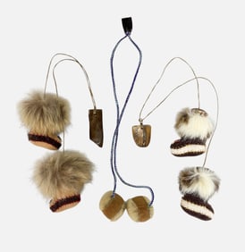 Native American Inuit Beaded Fur and Hide Hanging Decorative Moccasins