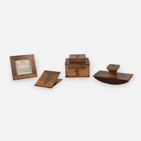 Antique Arts & Crafts Four Piece Engraved Copper Desk Set For Home or Office